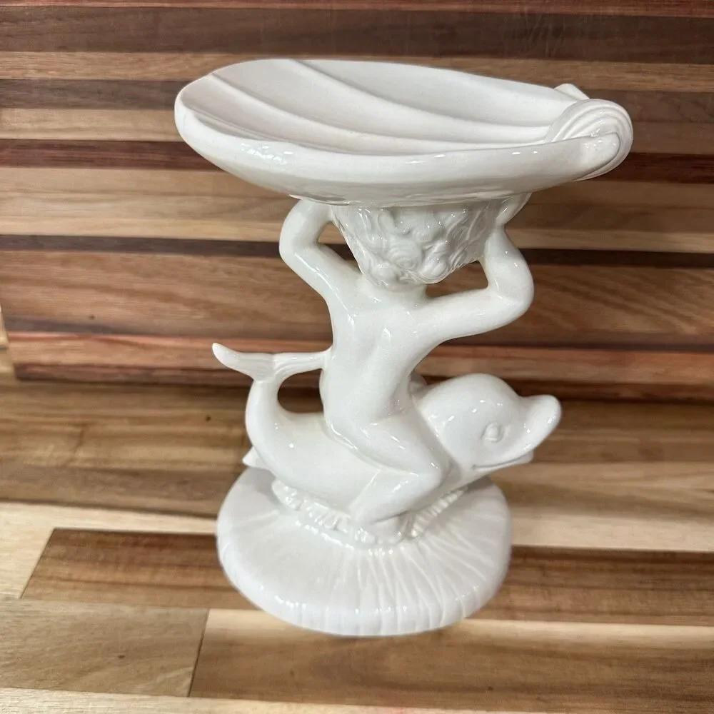 Vtg ‘60 Cherub Riding Dolphin Holding Shell Soap Dish - Holland Mold White Glaze